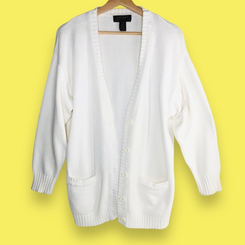 Vtg Eddie Bauer women White Sweater Cardigan Size S Button Up Preppy Minimalist
